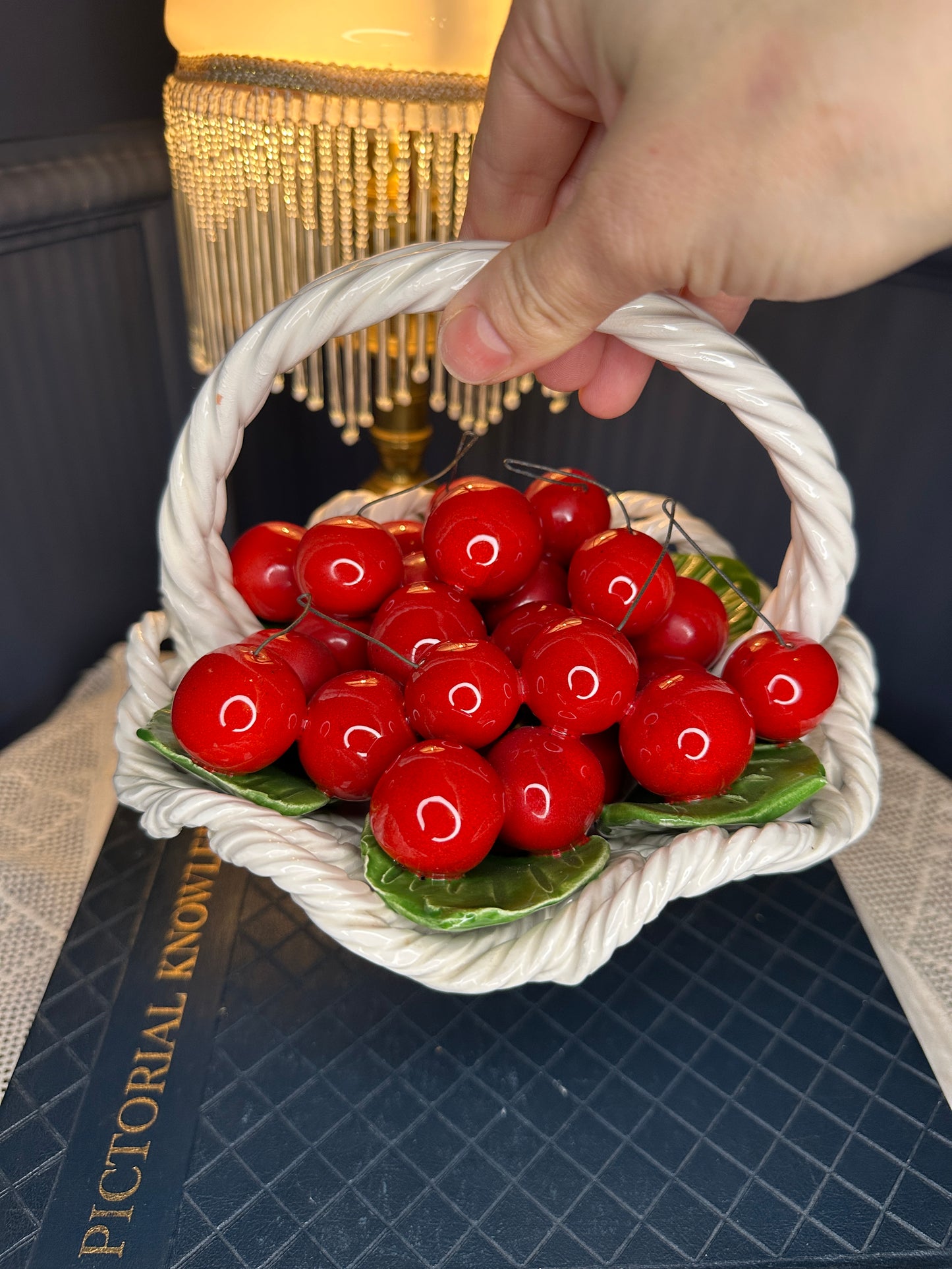 Vintage Italian Ceramic Cherry Basket – Handcrafted Majolica Fruit Centerpiece – Made in Italy