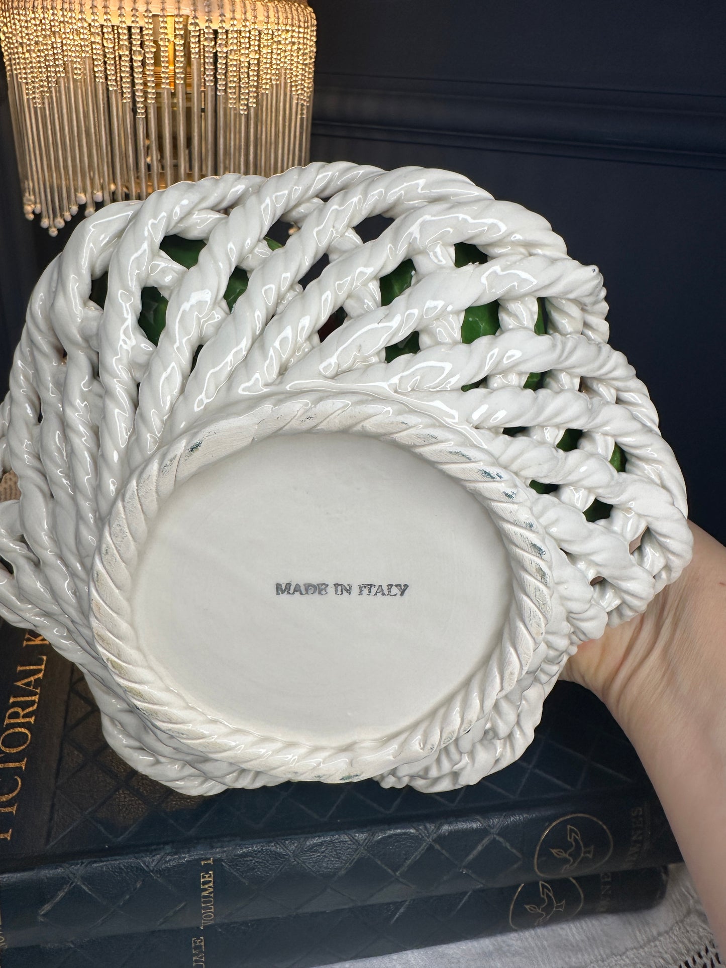 Vintage Italian Ceramic Cherry Basket – Handcrafted Majolica Fruit Centerpiece – Made in Italy