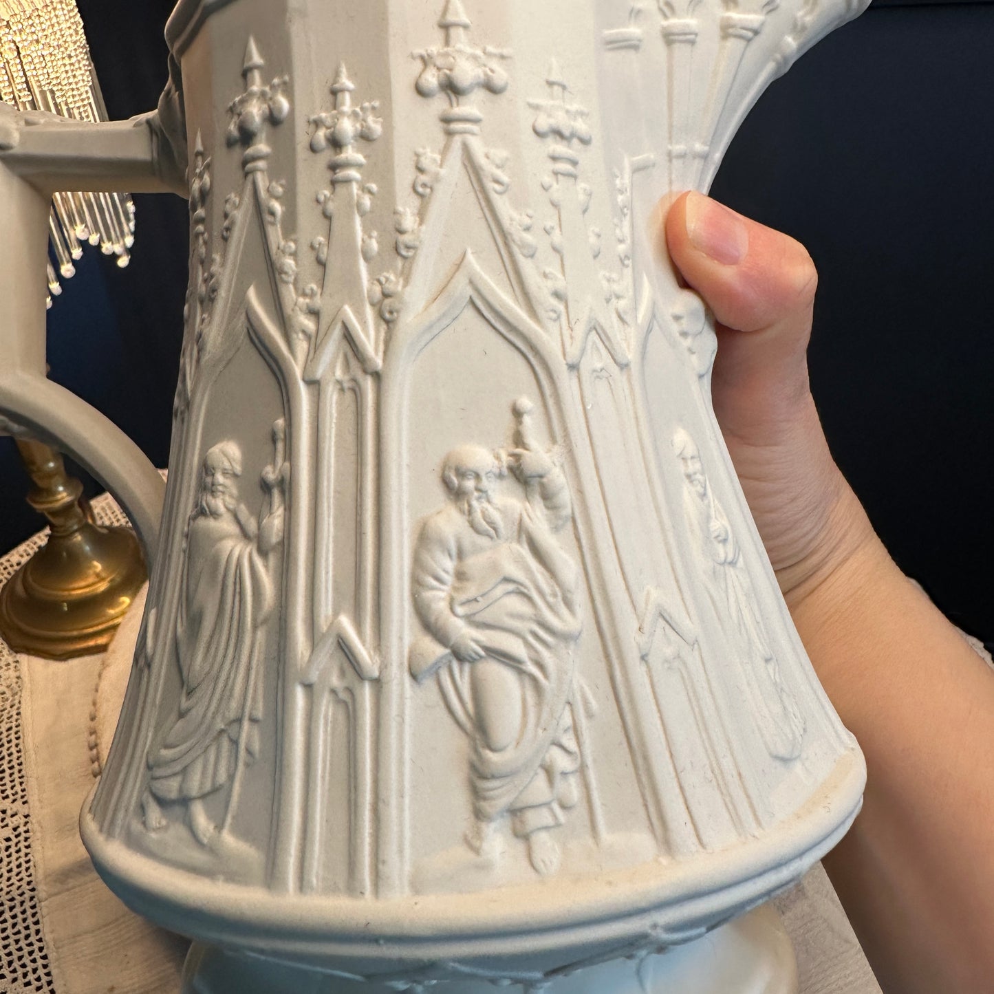 Vintage Portmeirion “Totem” Gothic Relief Jug – Large White Stoneware Pitcher, Made in England