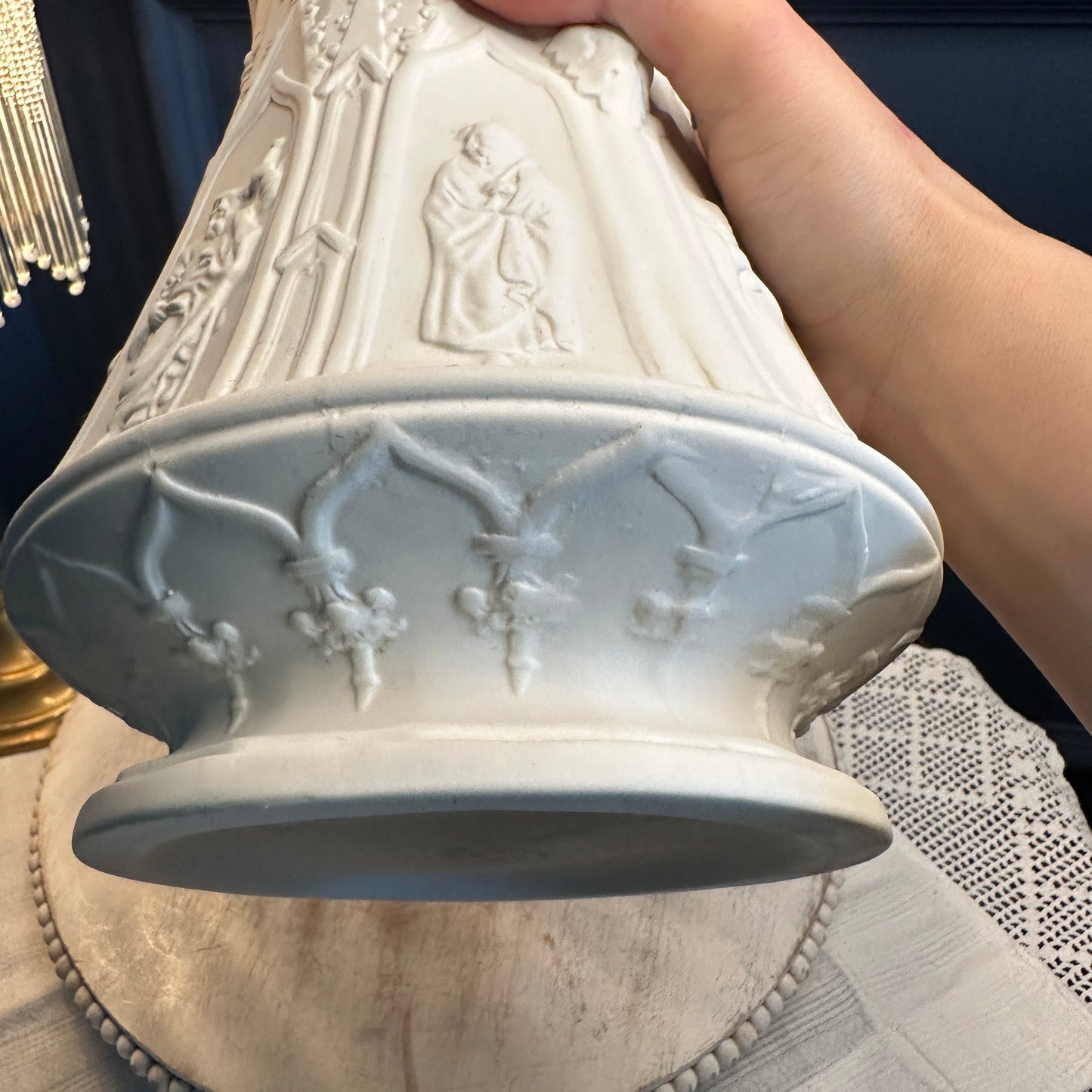 Vintage Portmeirion “Totem” Gothic Relief Jug – Large White Stoneware Pitcher, Made in England