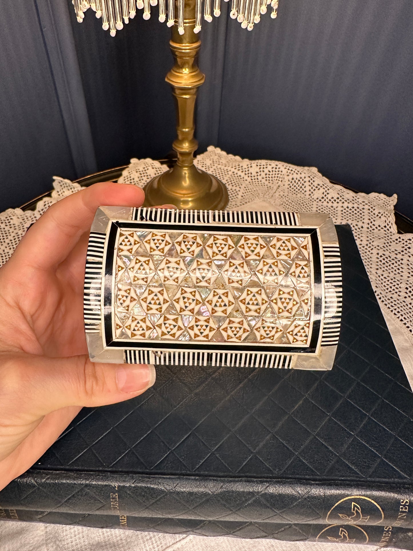 Handmade Inlaid Wooden Jewelry Box with Bone & Mother-of-Pearl | Velvet Lined Trinket Chest | Artisan Keepsake Box