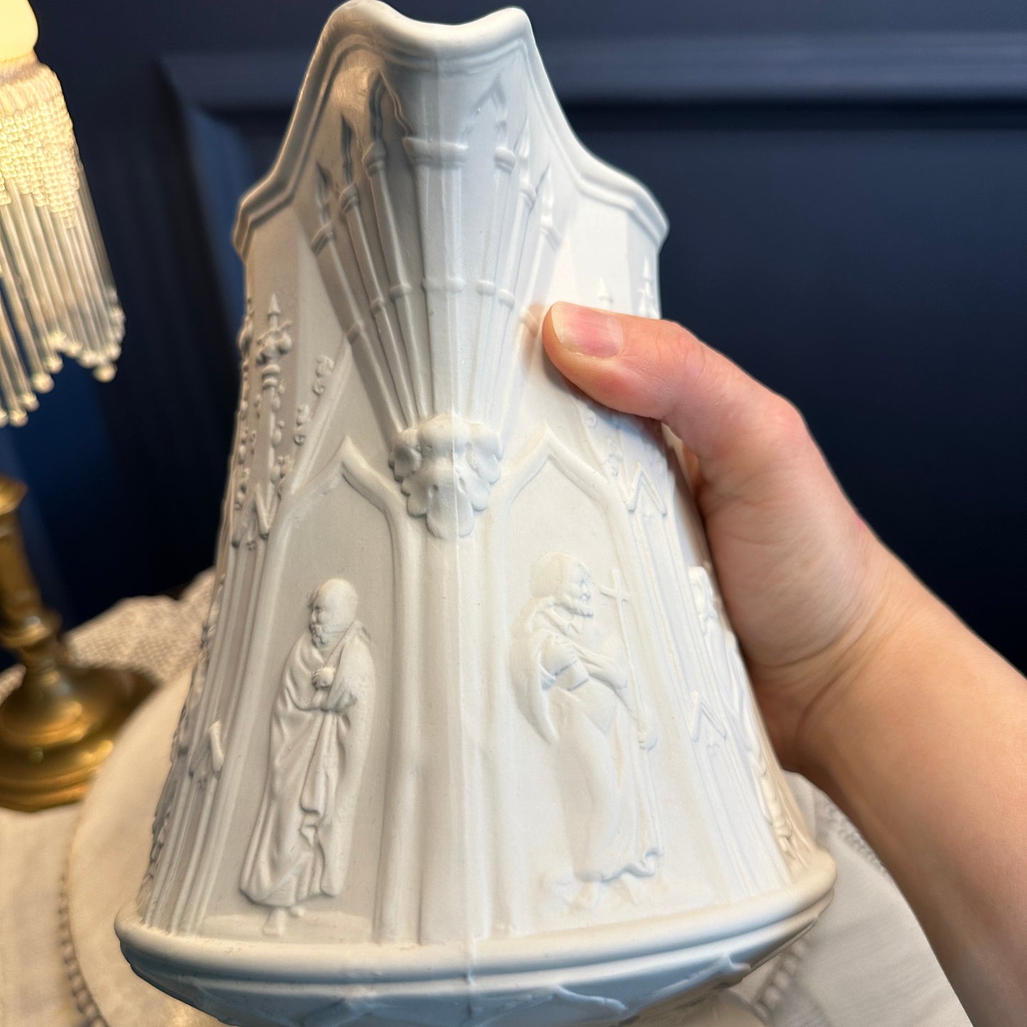 Vintage Portmeirion “Totem” Gothic Relief Jug – Large White Stoneware Pitcher, Made in England