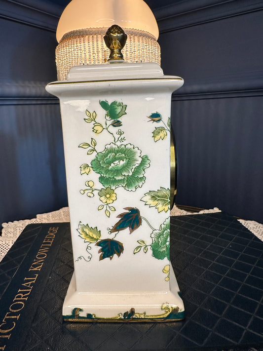 Vintage Mason’s Chartreuse Mantel Clock – Ironstone Ceramic Quartz Clock – Made in England – Green Floral Chinoiserie Design