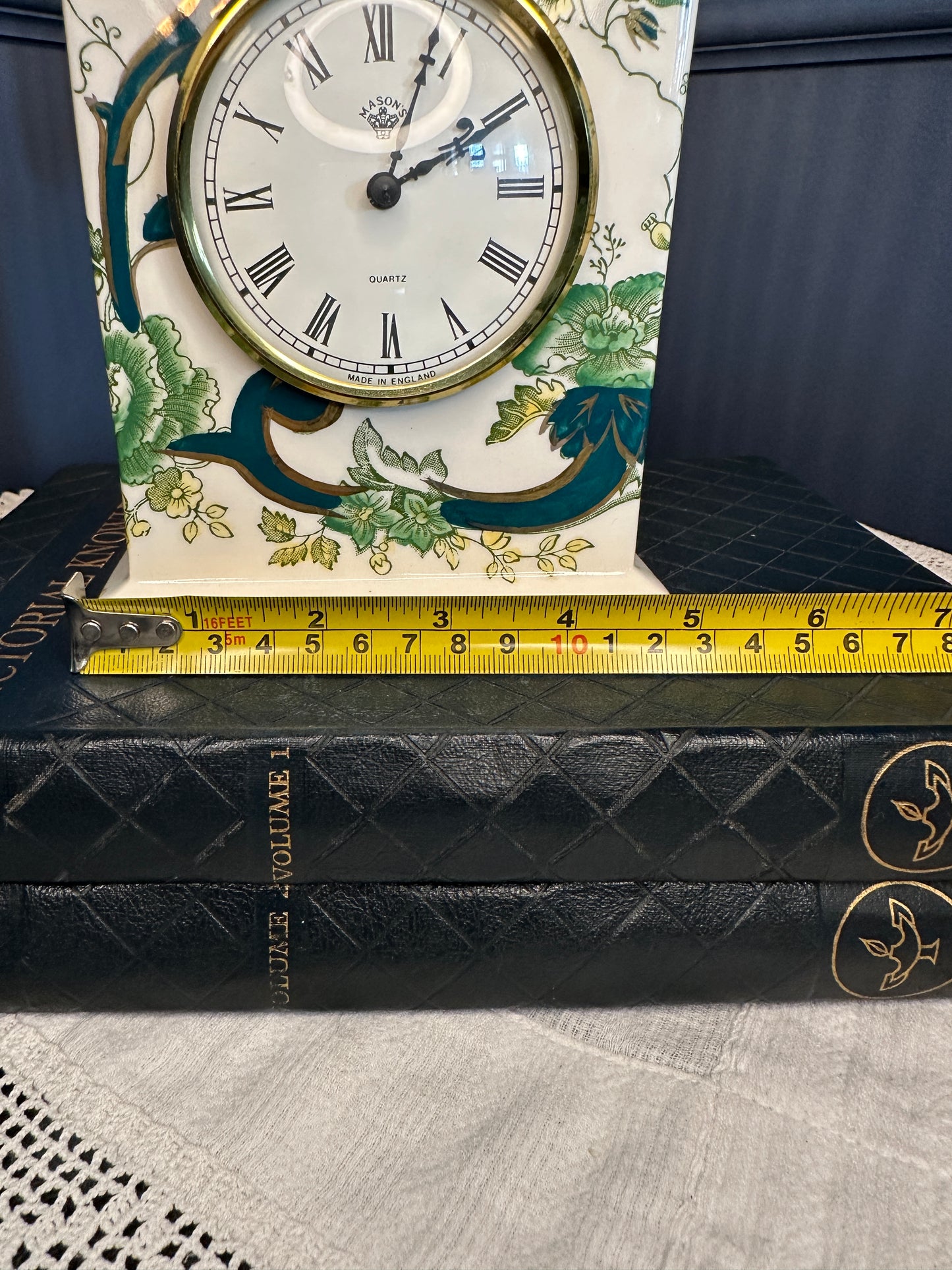 Vintage Mason’s Chartreuse Mantel Clock – Ironstone Ceramic Quartz Clock – Made in England – Green Floral Chinoiserie Design