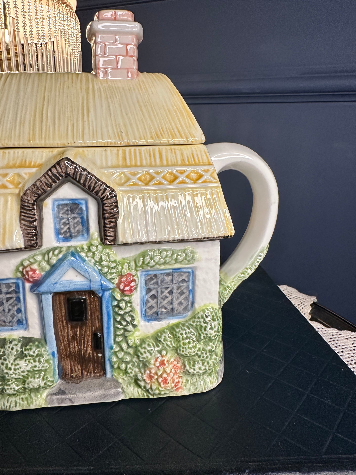 The Village “Summer Cottage” Teapot by Annie Rowe – Hand-Painted Ceramic Collectible