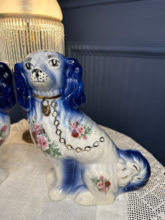 Vintage Staffordshire Style Porcelain Spaniel Dog Figurines – Pair – Hand-Painted Floral Blue & White – Victorian Style Mantel Dogs