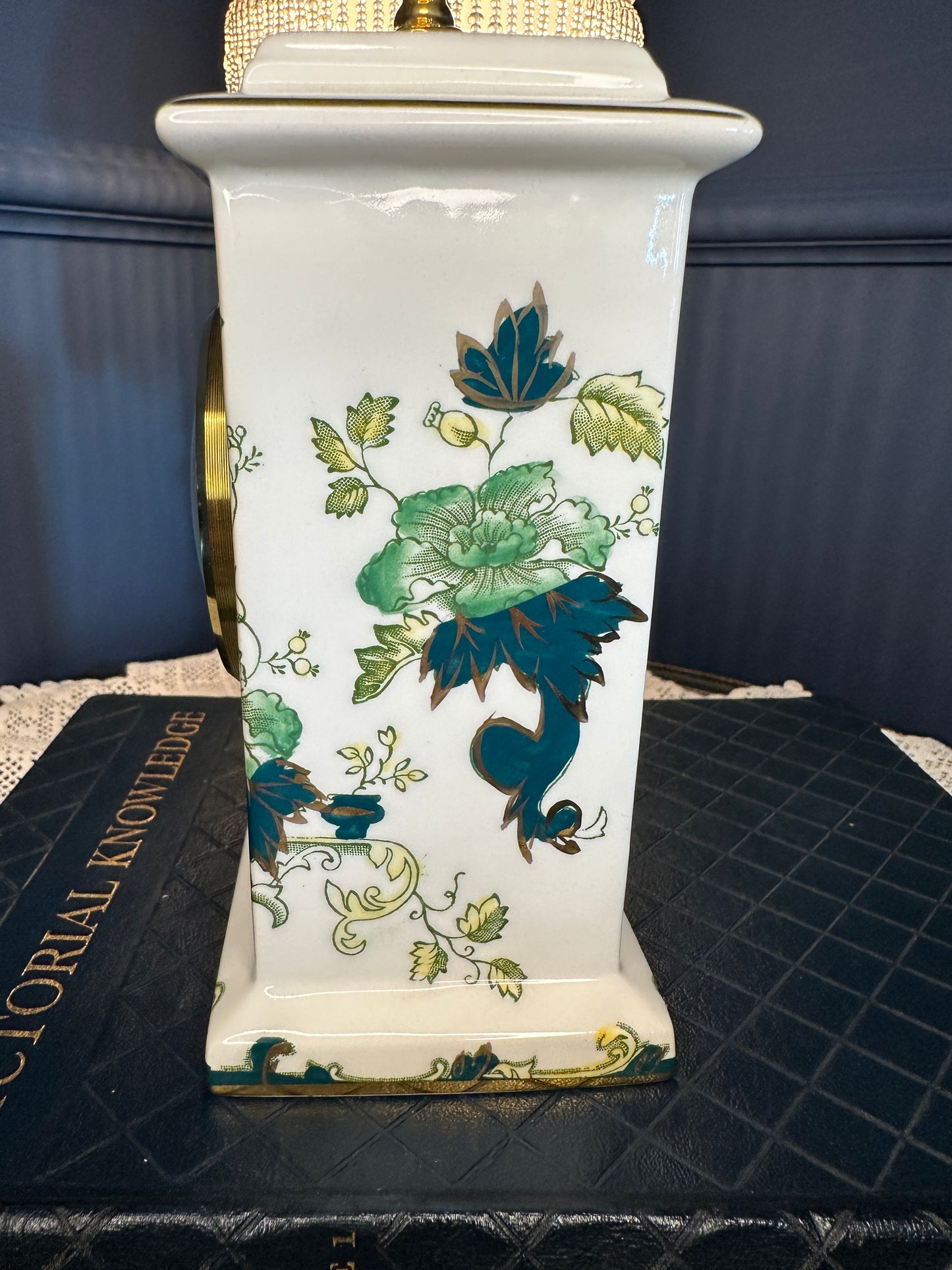 Vintage Mason’s Chartreuse Mantel Clock – Ironstone Ceramic Quartz Clock – Made in England – Green Floral Chinoiserie Design
