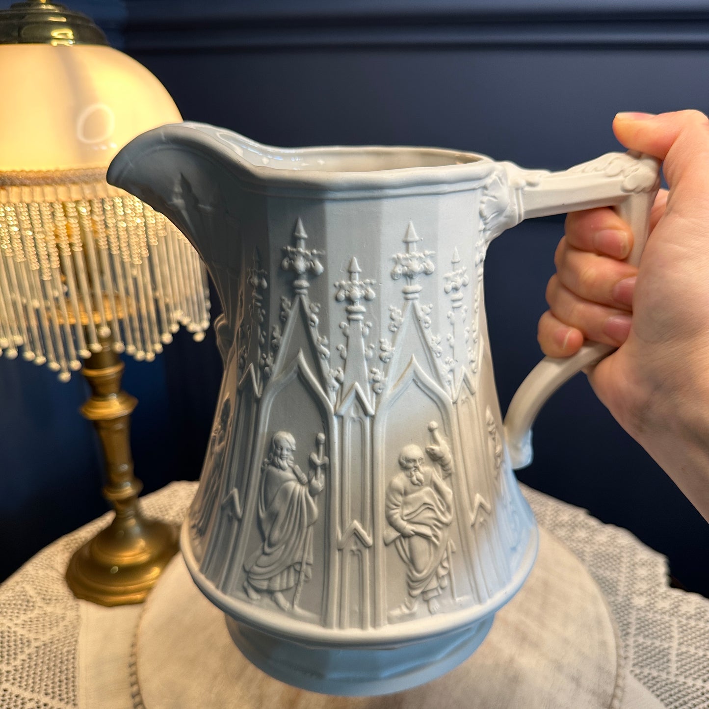 Vintage Portmeirion “Totem” Gothic Relief Jug – Large White Stoneware Pitcher, Made in England