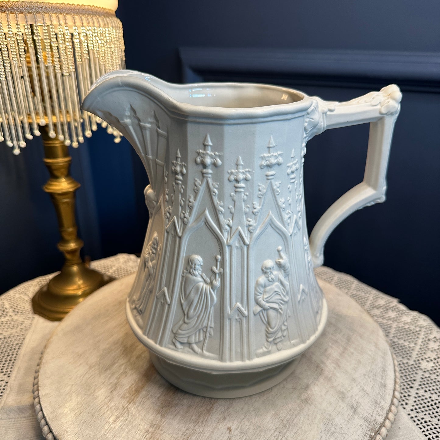 Vintage Portmeirion “Totem” Gothic Relief Jug – Large White Stoneware Pitcher, Made in England