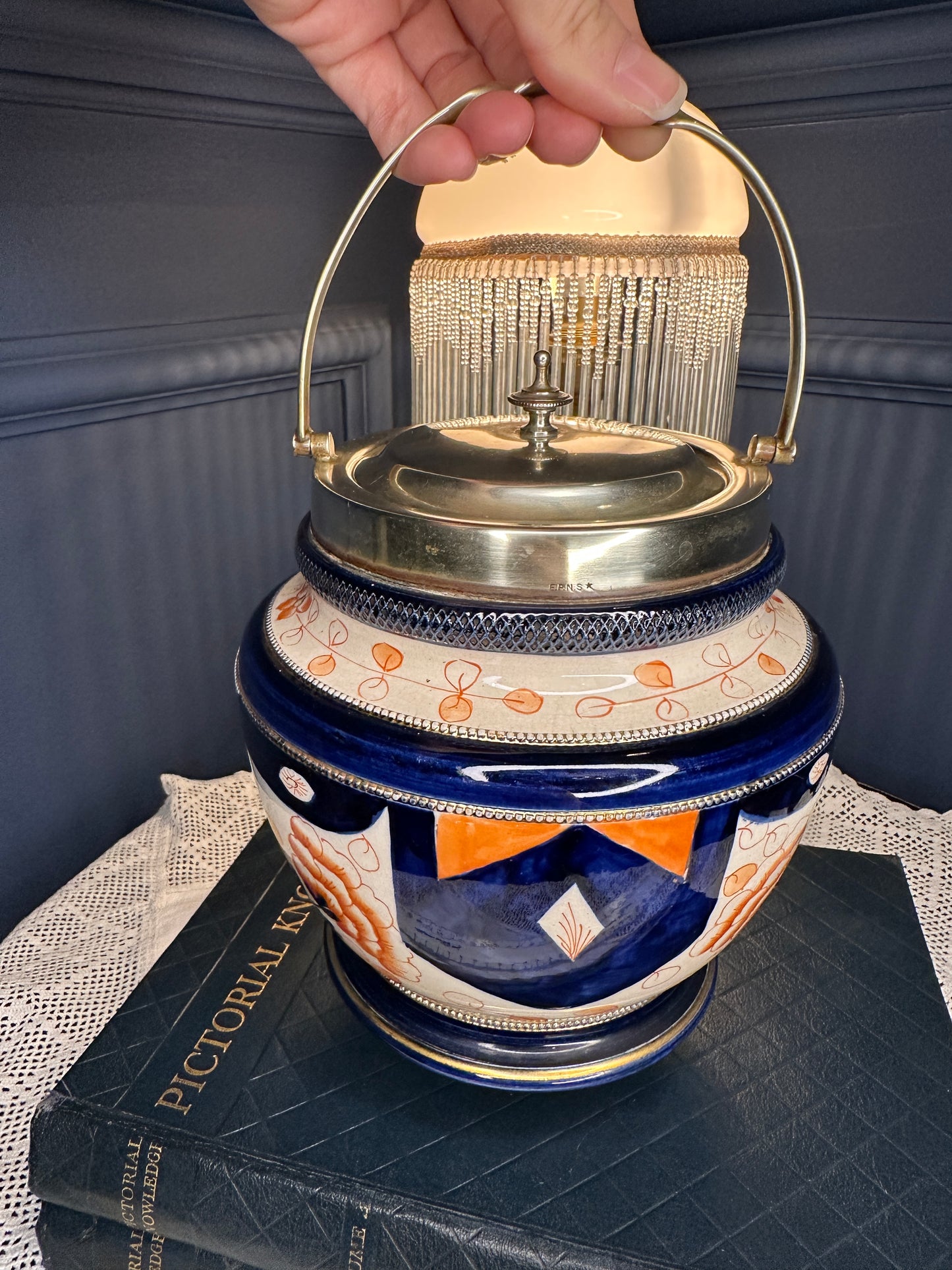 Vintage Art Deco Ceramic Biscuit Barrel with EPNS Lid & Handle