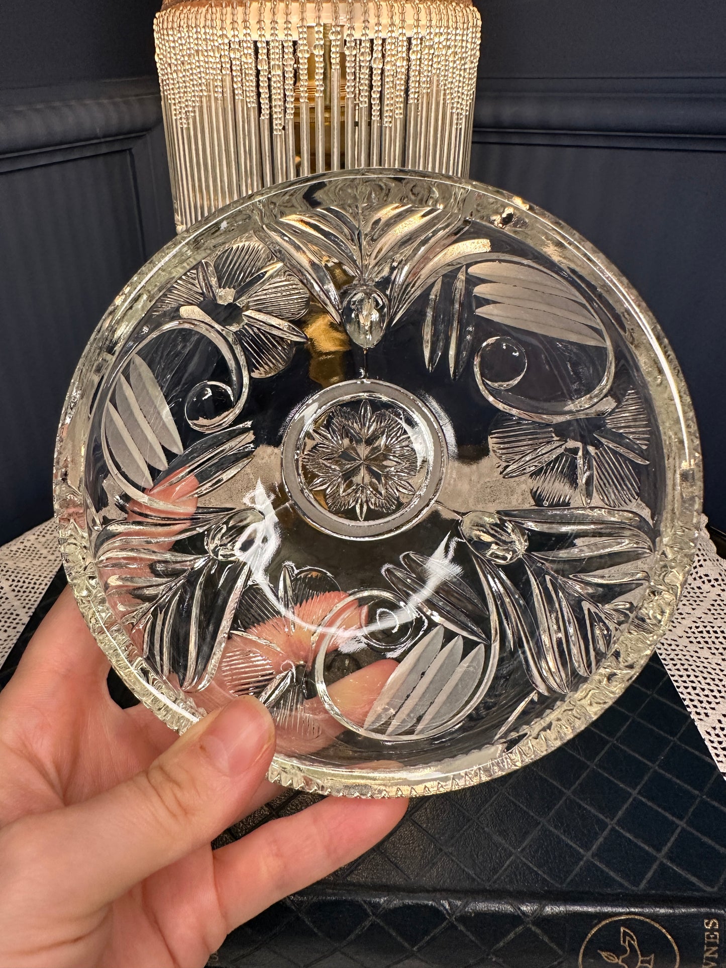 Vintage Cut Glass Rose Bowl with Metal Lattice Lid | Footed Crystal Flower Bowl