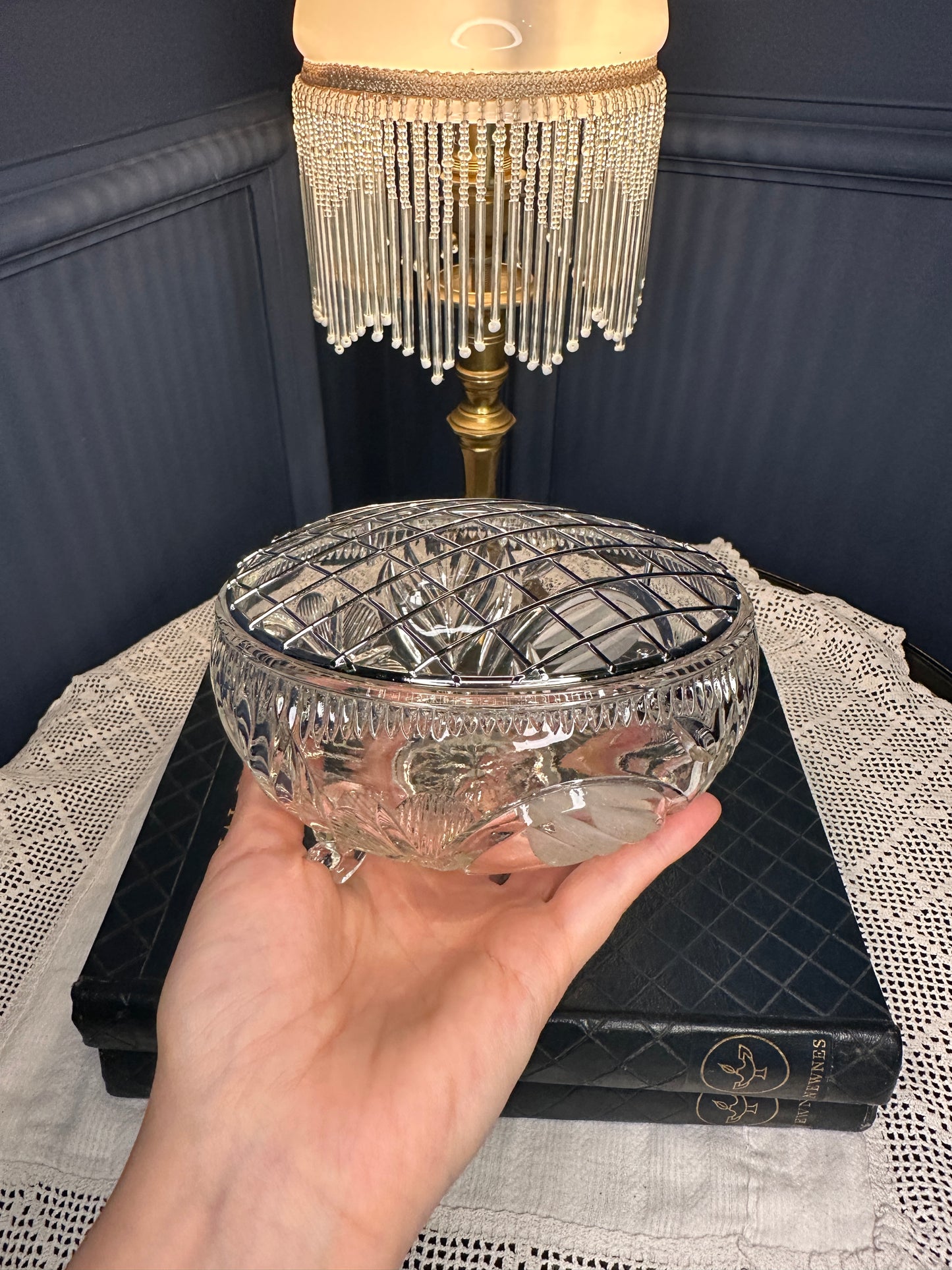 Vintage Cut Glass Rose Bowl with Metal Lattice Lid | Footed Crystal Flower Bowl