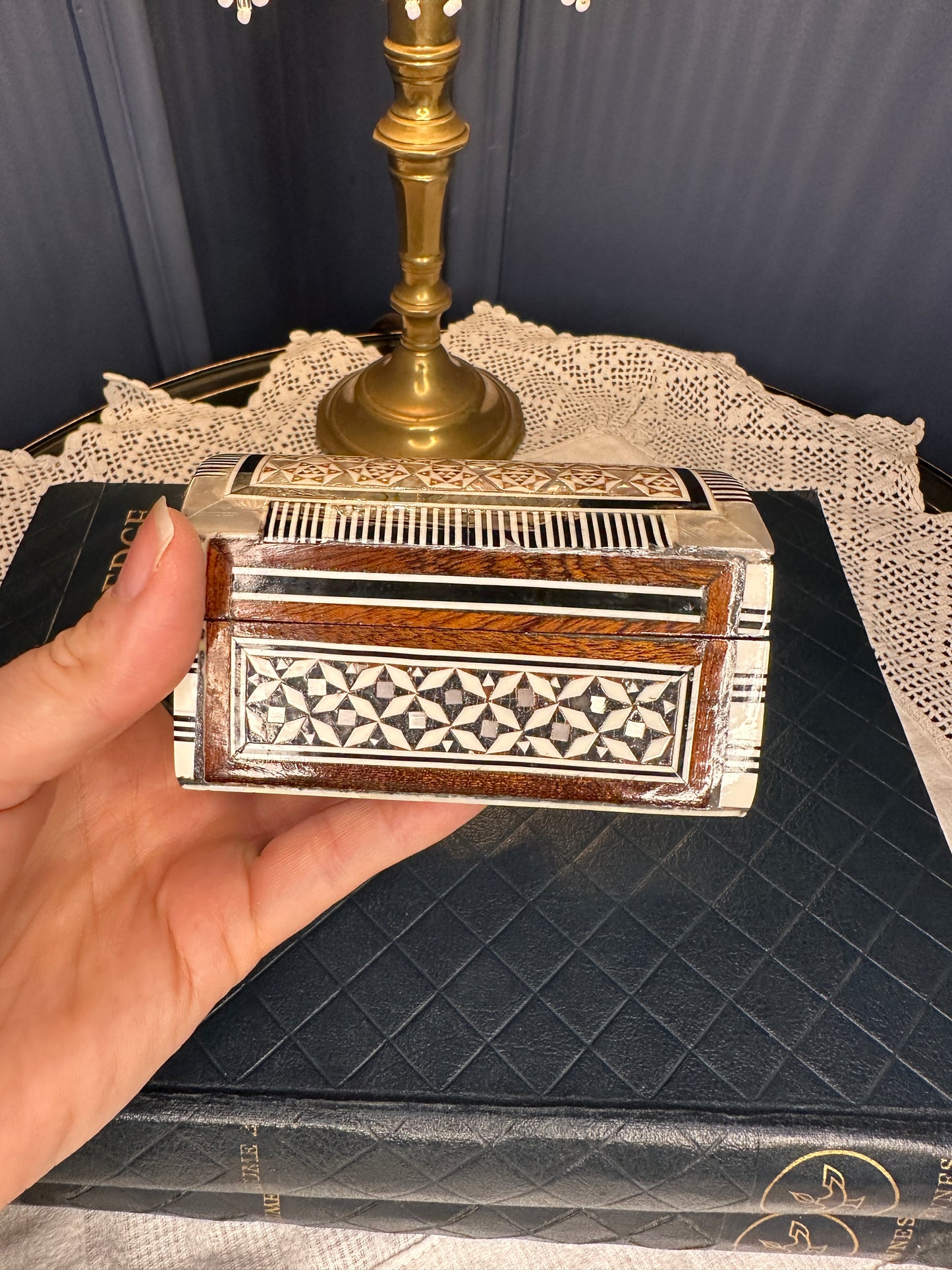 Handmade Inlaid Wooden Jewelry Box with Bone & Mother-of-Pearl | Velvet Lined Trinket Chest | Artisan Keepsake Box