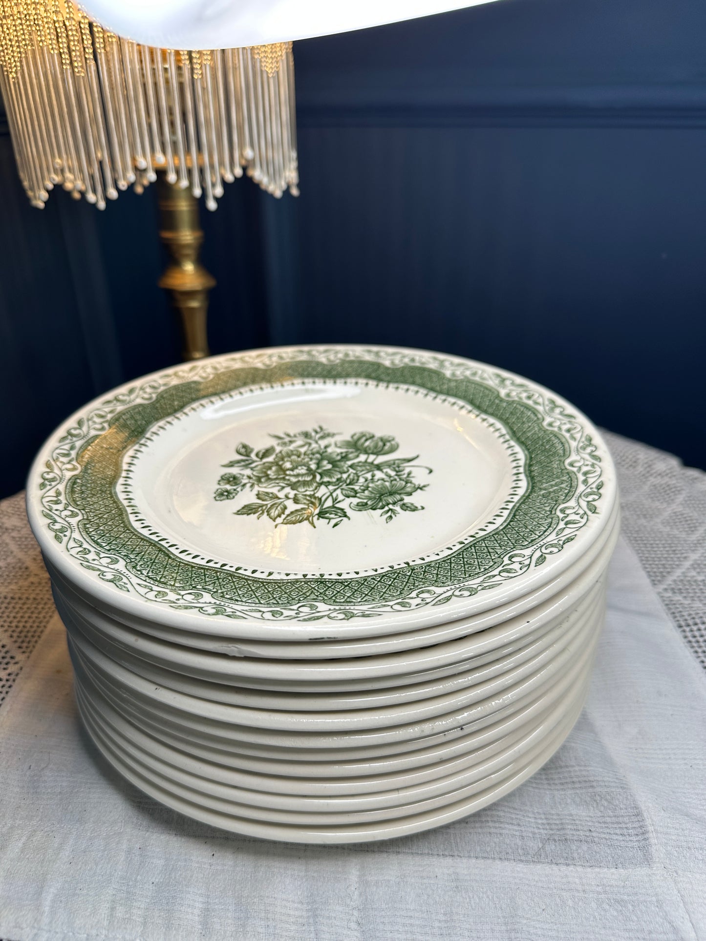 Vintage Staffordshire Ironstone Green Floral Dinner Plates – English Transferware, Set or Individual, Classic Cottage Tableware