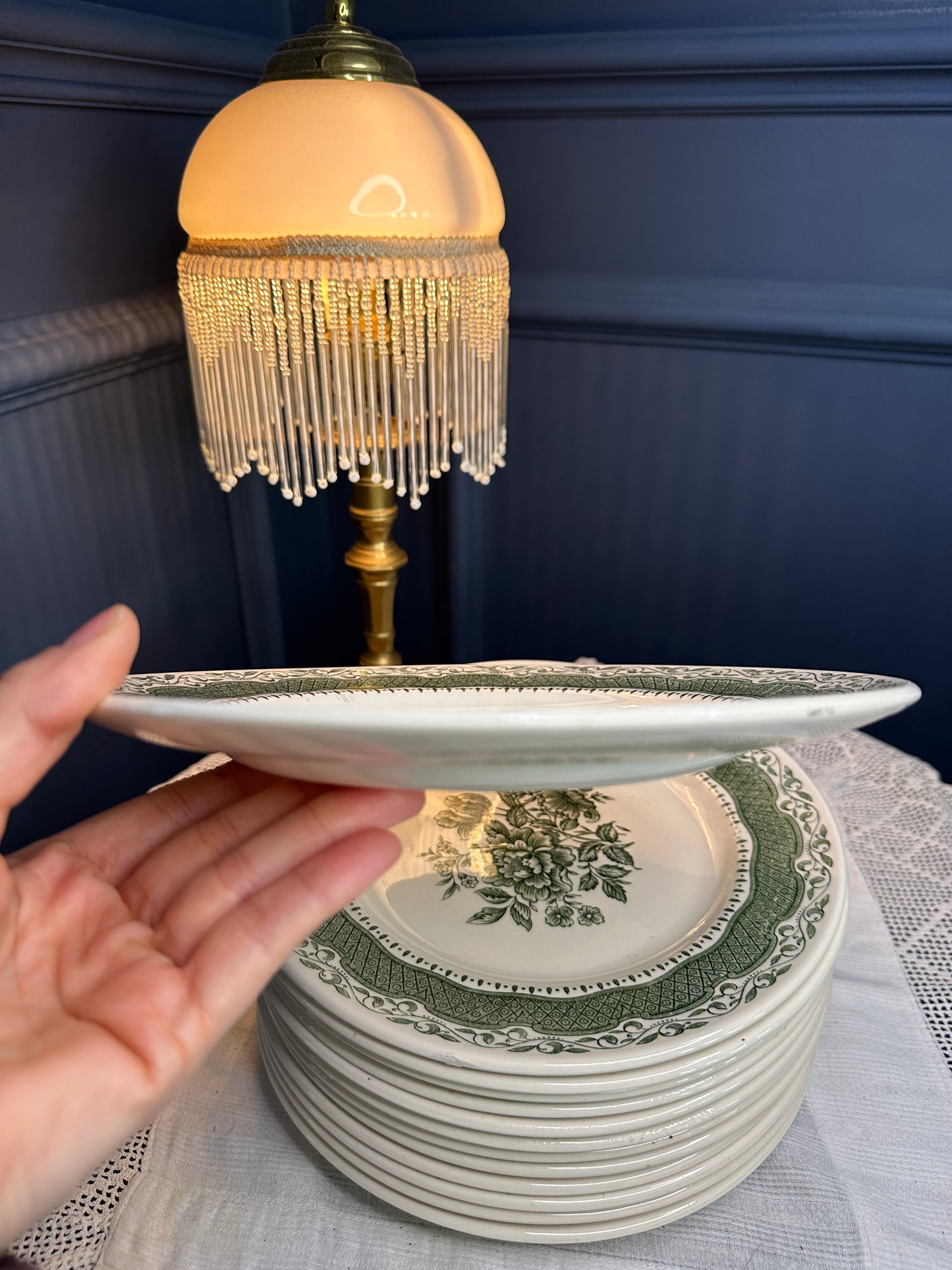 Vintage Staffordshire Ironstone Green Floral Dinner Plates – English Transferware, Set or Individual, Classic Cottage Tableware