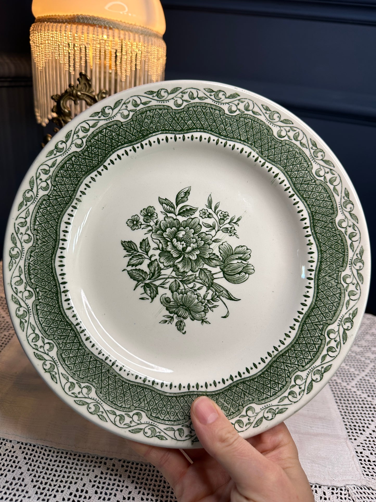Vintage Staffordshire Ironstone Green Floral Dinner Plates – English Transferware, Set or Individual, Classic Cottage Tableware