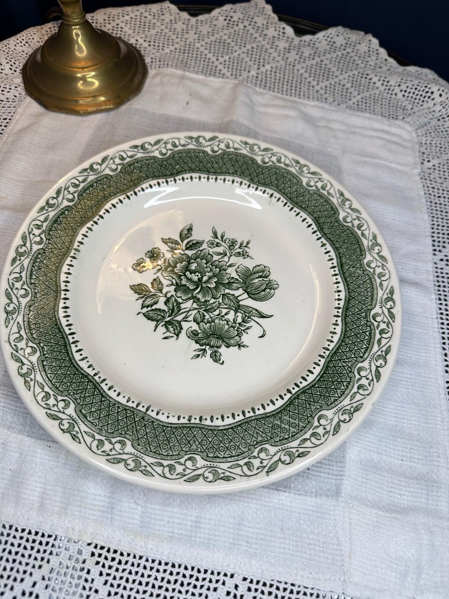 Vintage Staffordshire Ironstone Green Floral Dinner Plates – English Transferware, Set or Individual, Classic Cottage Tableware