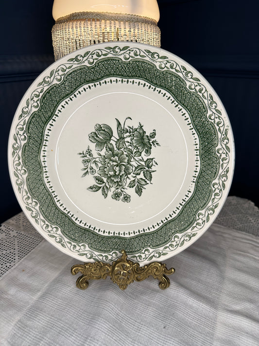 Vintage Staffordshire Ironstone Green Floral Dinner Plates – English Transferware, Set or Individual, Classic Cottage Tableware