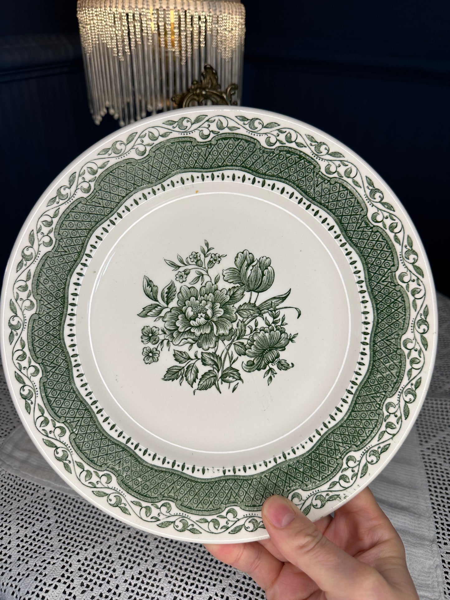 Vintage Staffordshire Ironstone Green Floral Dinner Plates – English Transferware, Set or Individual, Classic Cottage Tableware