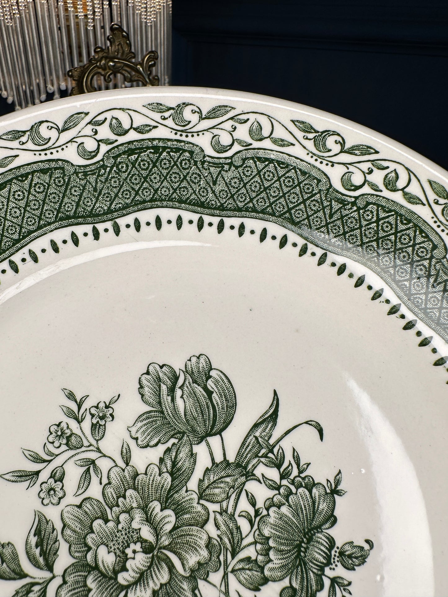 Vintage Staffordshire Ironstone Green Floral Dinner Plates – English Transferware, Set or Individual, Classic Cottage Tableware