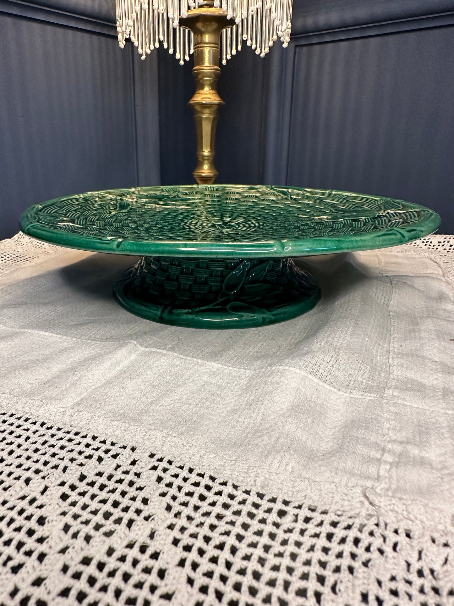 Vintage Emerald Green Majolica Basket Weave Plate & Pedestal Footed Plate – Botanical Leaf Relief Ceramic Serveware