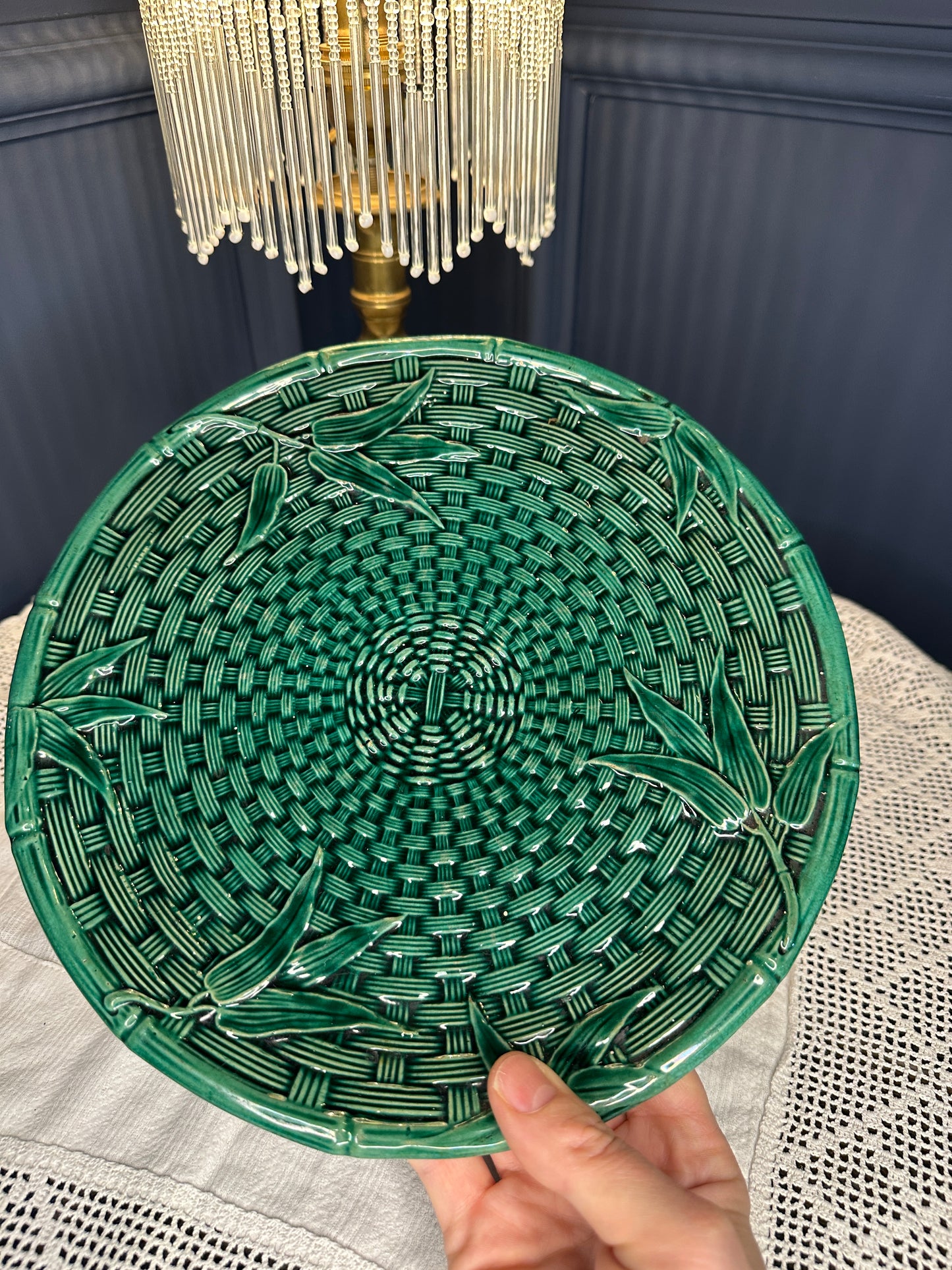 Vintage Emerald Green Majolica Basket Weave Plate & Pedestal Footed Plate – Botanical Leaf Relief Ceramic Serveware