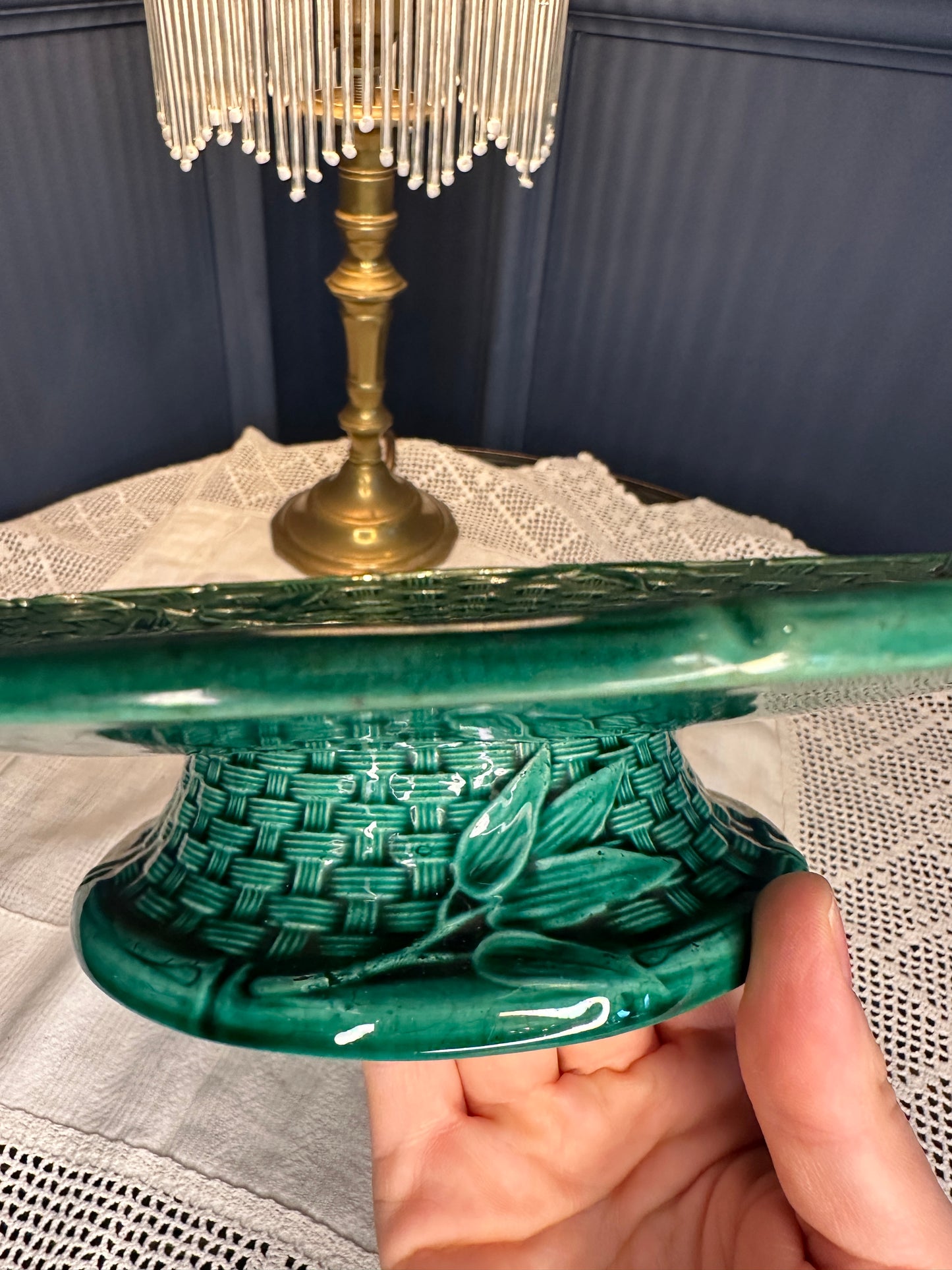 Vintage Emerald Green Majolica Basket Weave Plate & Pedestal Footed Plate – Botanical Leaf Relief Ceramic Serveware