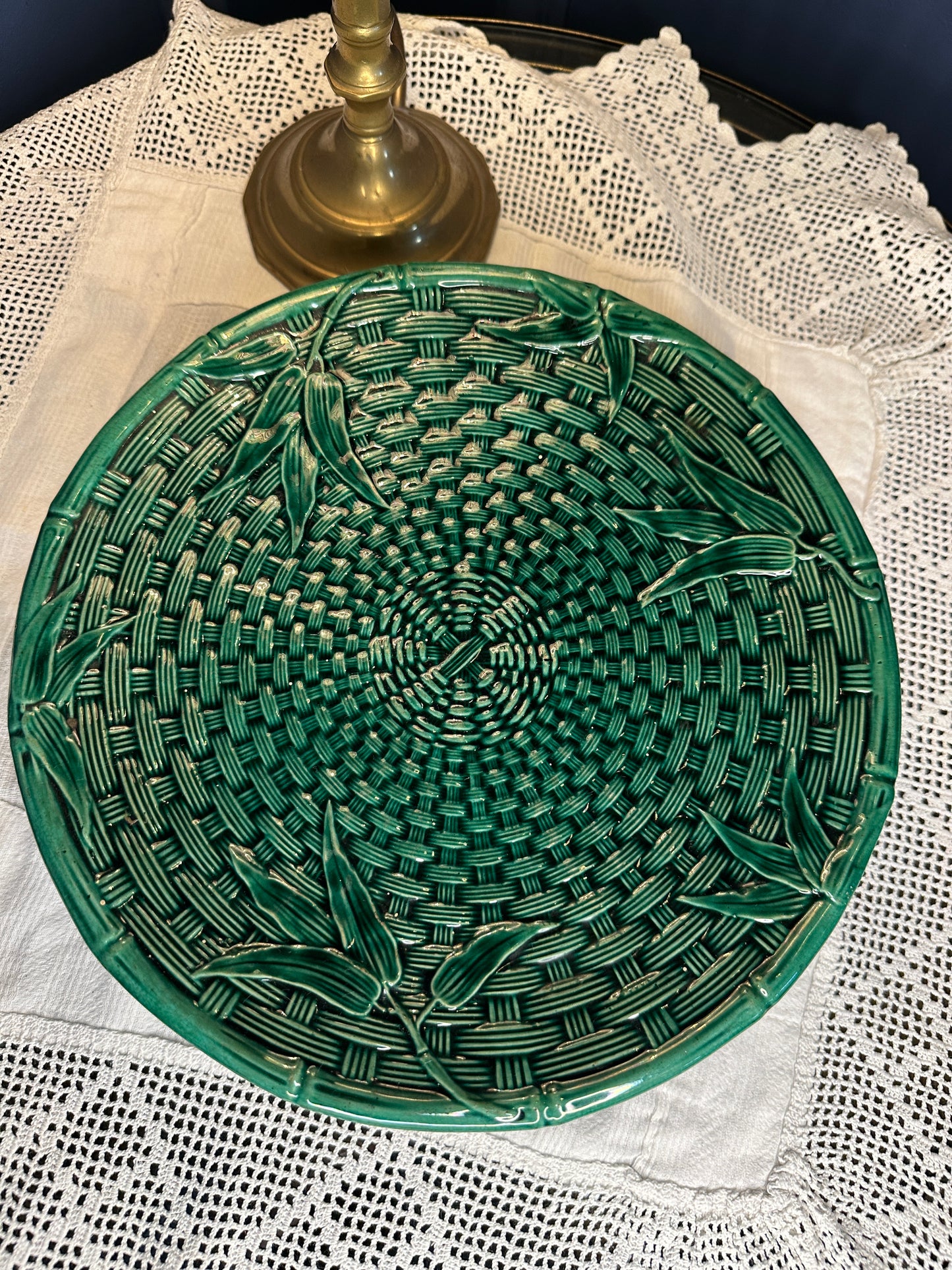 Vintage Emerald Green Majolica Basket Weave Plate & Pedestal Footed Plate – Botanical Leaf Relief Ceramic Serveware