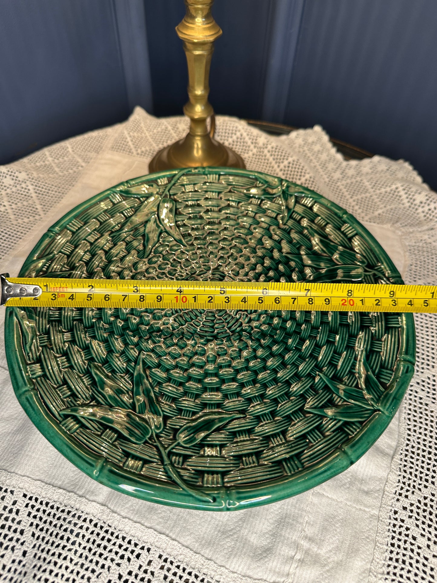 Vintage Emerald Green Majolica Basket Weave Plate & Pedestal Footed Plate – Botanical Leaf Relief Ceramic Serveware