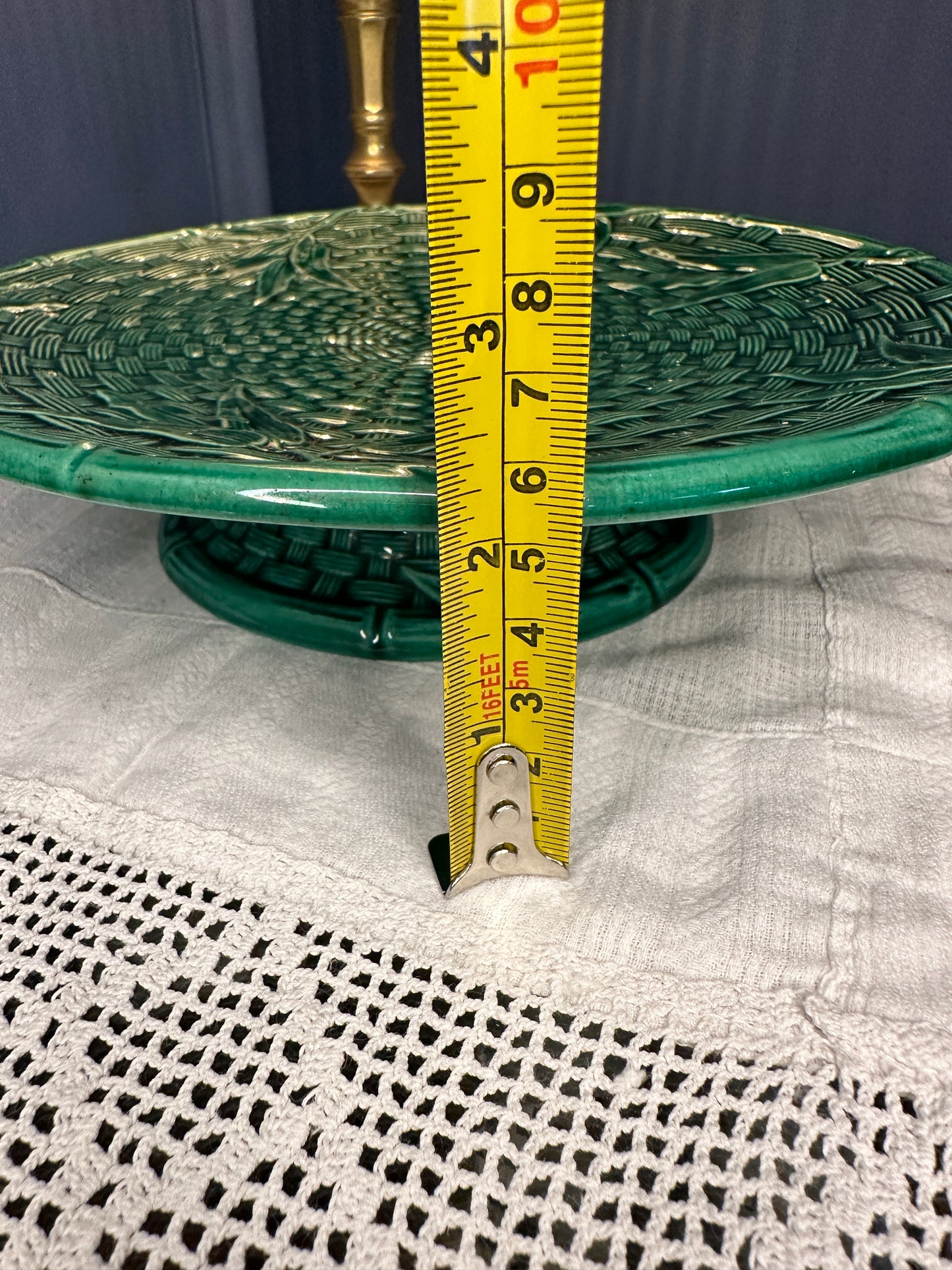 Vintage Emerald Green Majolica Basket Weave Plate & Pedestal Footed Plate – Botanical Leaf Relief Ceramic Serveware