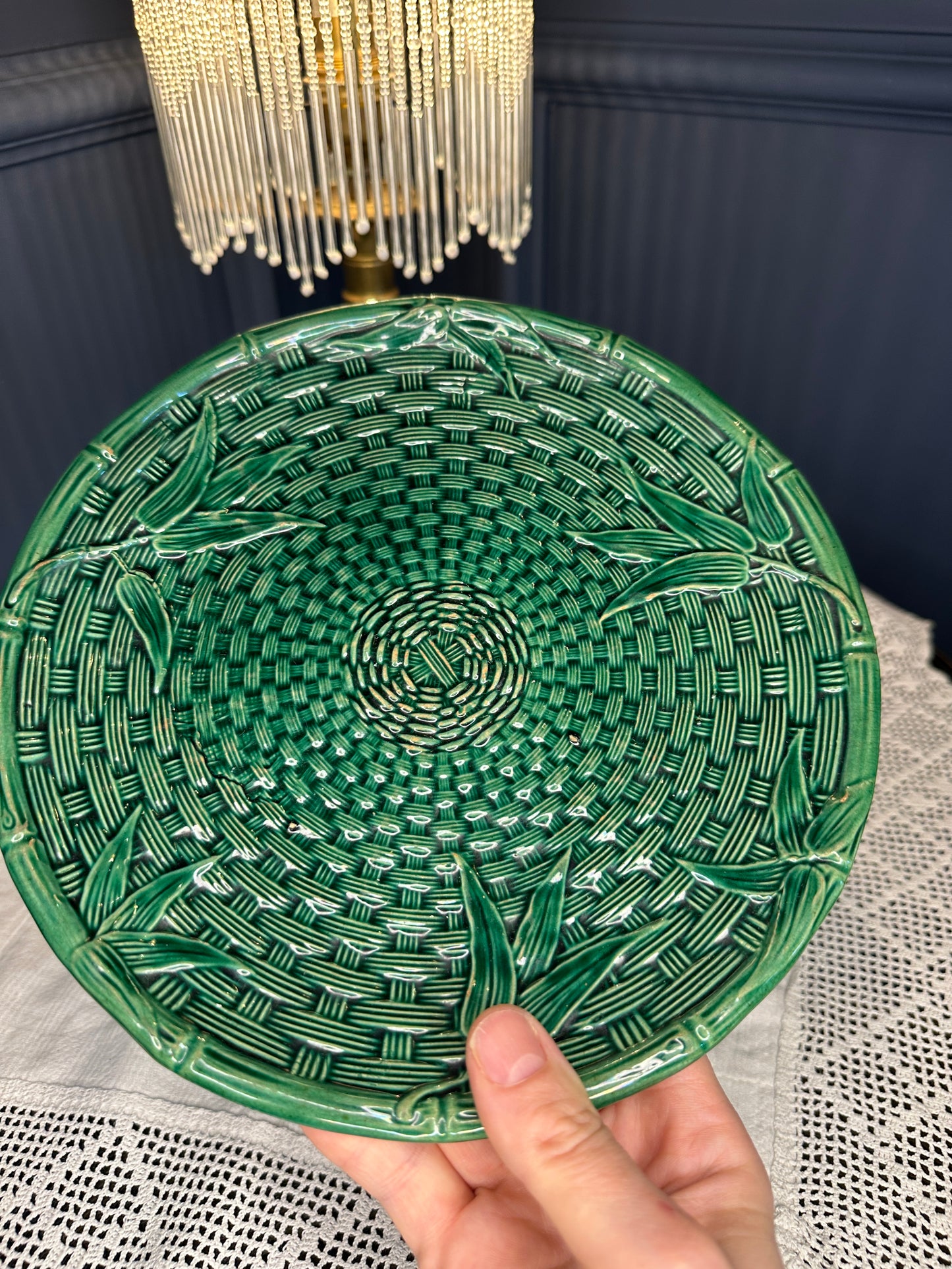 Vintage Emerald Green Majolica Basket Weave Plate & Pedestal Footed Plate – Botanical Leaf Relief Ceramic Serveware
