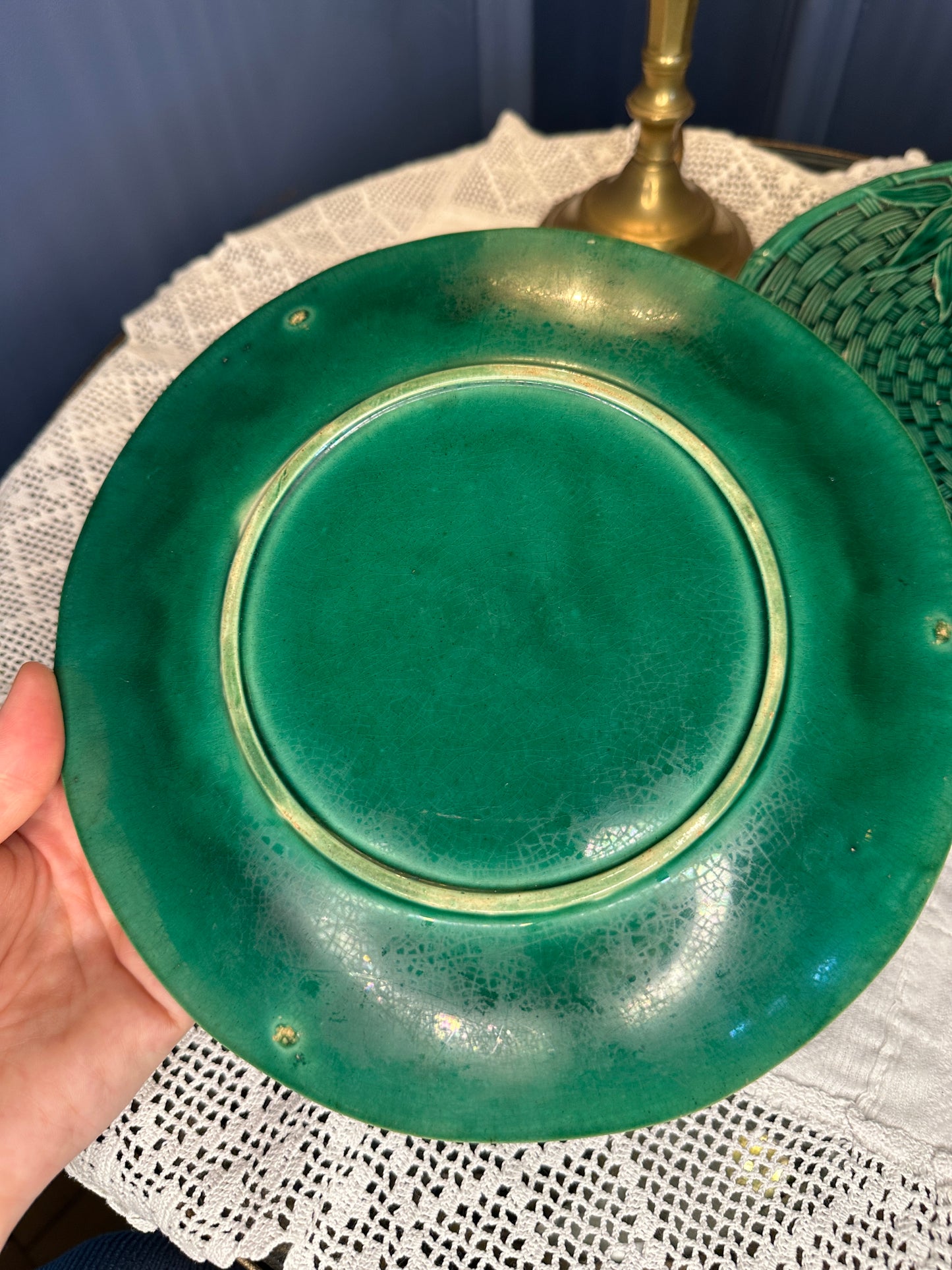Vintage Emerald Green Majolica Basket Weave Plate & Pedestal Footed Plate – Botanical Leaf Relief Ceramic Serveware