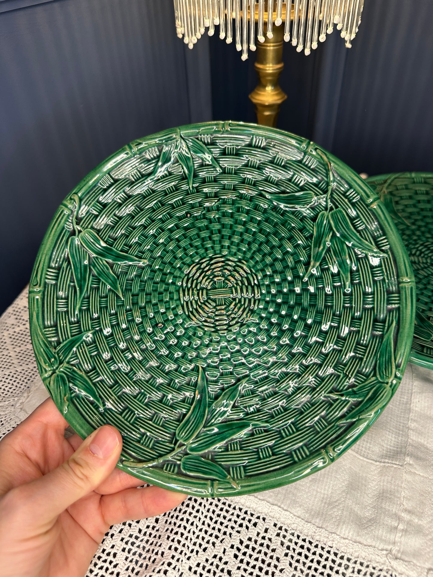 Vintage Emerald Green Majolica Basket Weave Plate & Pedestal Footed Plate – Botanical Leaf Relief Ceramic Serveware