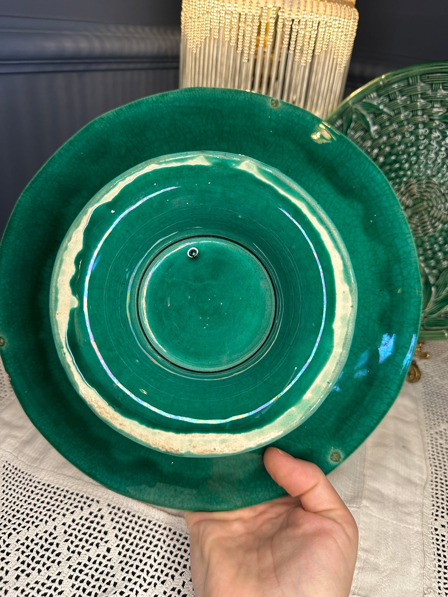Vintage Emerald Green Majolica Basket Weave Plate & Pedestal Footed Plate – Botanical Leaf Relief Ceramic Serveware