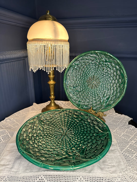 Vintage Emerald Green Majolica Basket Weave Plate & Pedestal Footed Plate – Botanical Leaf Relief Ceramic Serveware