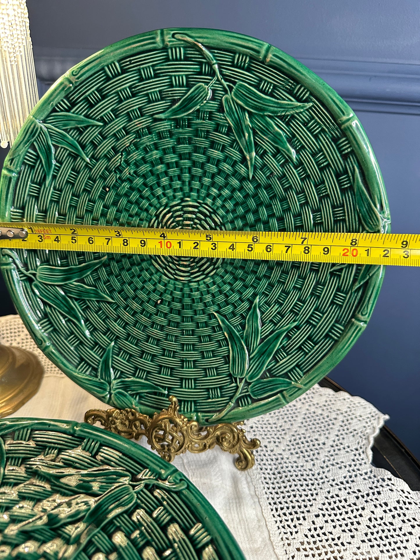 Vintage Emerald Green Majolica Basket Weave Plate & Pedestal Footed Plate – Botanical Leaf Relief Ceramic Serveware